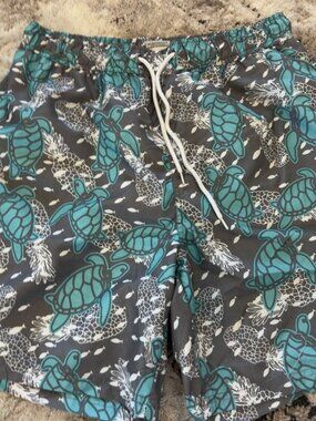 U.S. Polo Assn. Mens Sea Turtle Print Swim Trunks L Gray/Teal Polyester Mesh Lin
